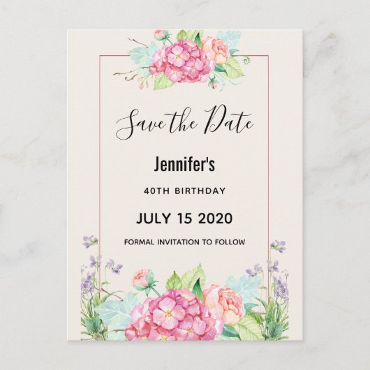 ピンクモダンの水カラーフローラバンチ日付を保存 インビテーションポストカード (正面)