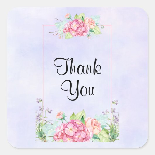ピンクモダンの水カラーフローラフレームありがとう スクエアシール (正面)