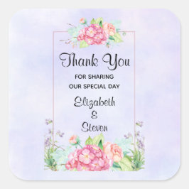 ピンクモダンの水カラーフローラフレームありがとう スクエアシール