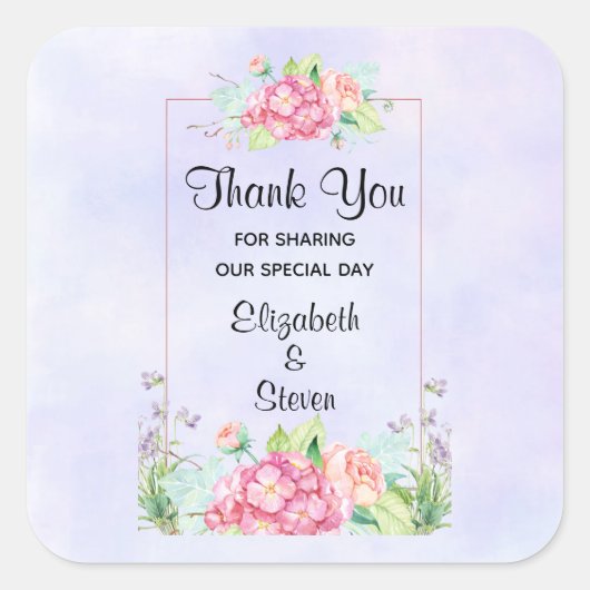 ピンクモダンの水カラーフローラフレームありがとう スクエアシール (正面)