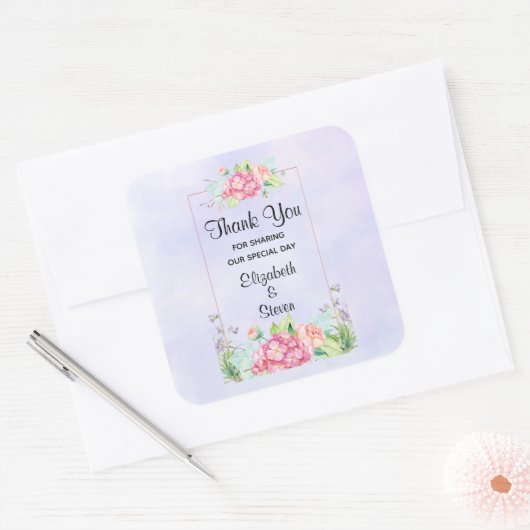 ピンクモダンの水カラーフローラフレームありがとう スクエアシール (封筒)