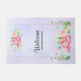 ピンクモダンの水カラーフローラフレームへようこそ ドアマット