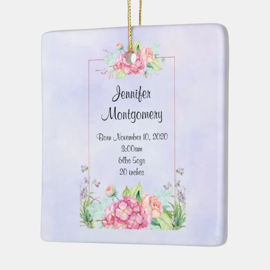 ピンクモダンの水カラーフローラフレームベビーの誕生 セラミックオーナメント (左)