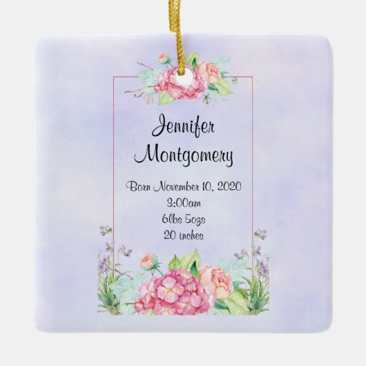 ピンクモダンの水カラーフローラフレームベビーの誕生 セラミックオーナメント (正面)