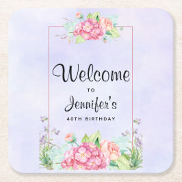 ピンクモダンの水彩フローラフレーム誕生日 スクエアペーパーコースター