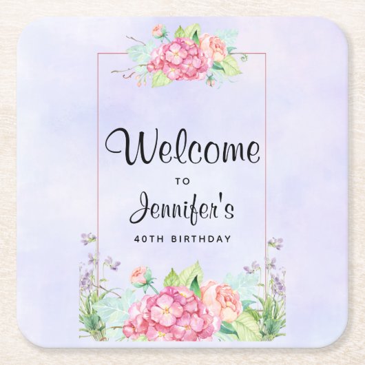 ピンクモダンの水彩フローラフレーム誕生日 スクエアペーパーコースター (正面)