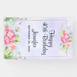 ピンクモダンの水彩フローラフレーム誕生日 横断幕