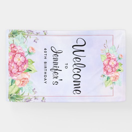 ピンクモダンの水彩フローラフレーム誕生日 横断幕 (横)