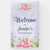 ピンクモダンの水彩フローラフレーム誕生日 横断幕 (縦)