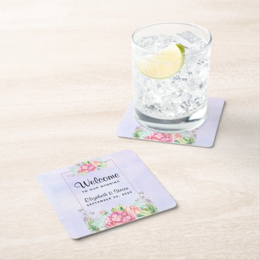 ピンクモダンの水彩フローラフレ結婚ーム スクエアペーパーコースター (インサイチュ)