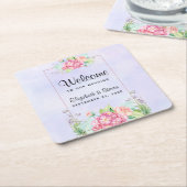 ピンクモダンの水彩フローラフレ結婚ーム スクエアペーパーコースター (アングル)