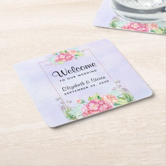 ピンクモダンの水彩フローラフレ結婚ーム スクエアペーパーコースター (アングル)