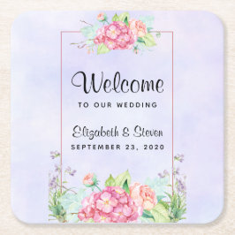 ピンクモダンの水彩フローラフレ結婚ーム スクエアペーパーコースター