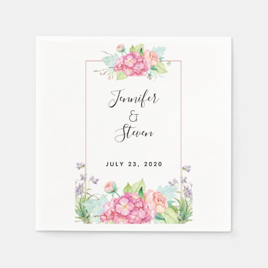 ピンクモダンの水彩フローラフレ結婚ーム スタンダードカクテルナプキン (正面)