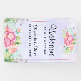 ピンクモダンの水彩フローラフレ結婚ーム 横断幕