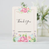 ピンクモダンの水彩フローラブーケありがとう サンキューカード (スタンド正面)