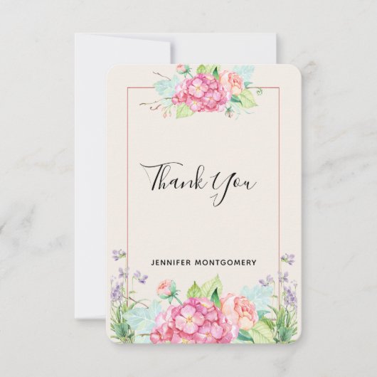 ピンクモダンの水彩フローラブーケありがとう サンキューカード (正面)