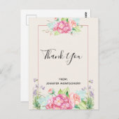 ピンクモダンの水彩フローラブーケありがとう ポストカード (正面/裏面)