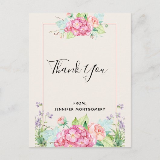 ピンクモダンの水彩フローラブーケありがとう ポストカード (正面)