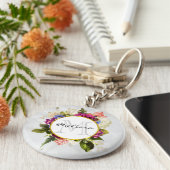 ピンクモダンの水彩フローラブーケモノグラム キーホルダー (側面)