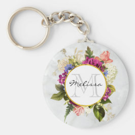 ピンクモダンの水彩フローラブーケモノグラム キーホルダー