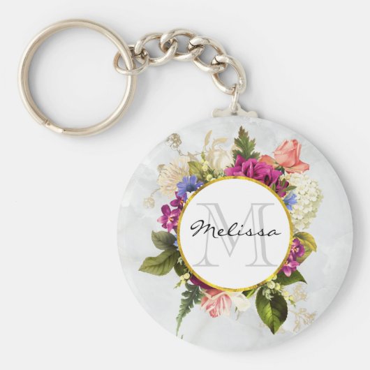 ピンクモダンの水彩フローラブーケモノグラム キーホルダー (正面)