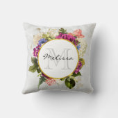 ピンクモダンの水彩フローラブーケモノグラム クッション (裏面)