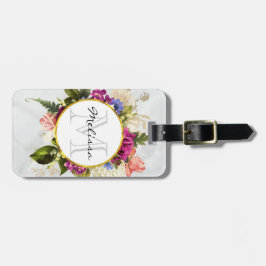 ピンクモダンの水彩フローラブーケモノグラム ラゲッジタグ
