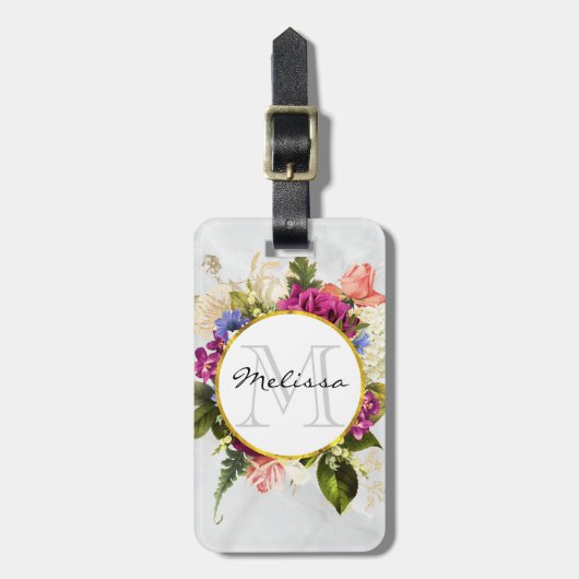 ピンクモダンの水彩フローラブーケモノグラム ラゲッジタグ (正面縦)