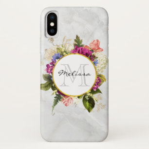 ピンクモダンの水彩フローラブーケモノグラム iPhone X ケース