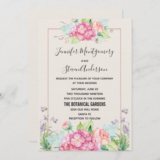 ピンクモダンの水彩フローラブーケ結婚ーズ 招待状 (正面/裏面)
