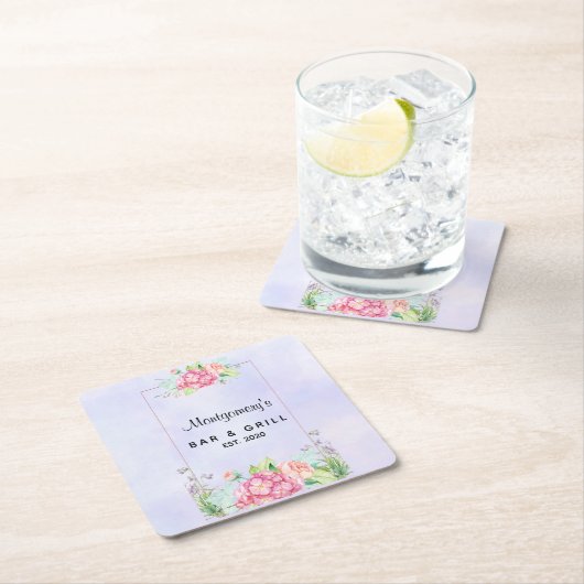 ピンクモダンの水彩フローラ枠 スクエアペーパーコースター (インサイチュ)