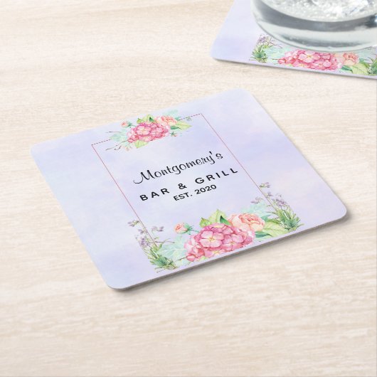 ピンクモダンの水彩フローラ枠 スクエアペーパーコースター (アングル)