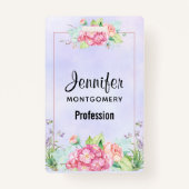 ピンクモダンの水彩フローラ枠 バッジ (正面)