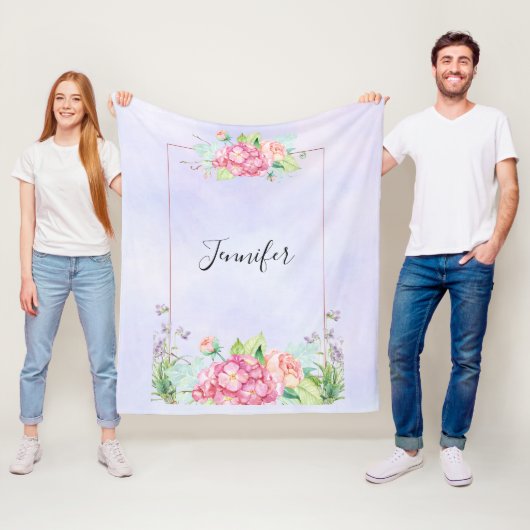 ピンクモダンの水彩フローラ枠 フリースブランケット (インサイチュ)