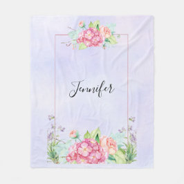 ピンクモダンの水彩フローラ枠 フリースブランケット