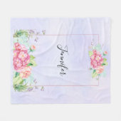 ピンクモダンの水彩フローラ枠 フリースブランケット (正面(横))