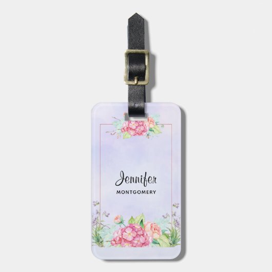 ピンクモダンの水彩フローラ枠 ラゲッジタグ (正面縦)