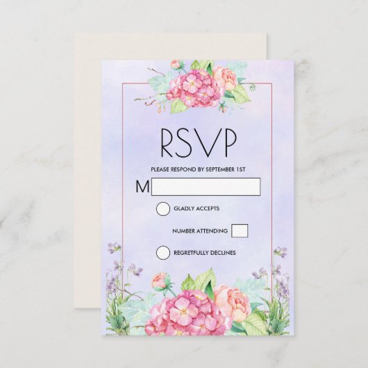 ピンクモダンの水彩フローラ枠 出欠カード (正面/裏面)