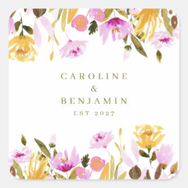 ピンクモダンの水彩フローラ結婚名前をカスタムする スクエアシール