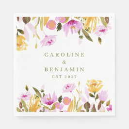 ピンクモダンの水彩フローラ結婚名前をカスタムする スタンダードランチョンナプキン