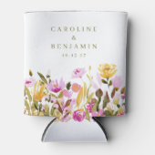 ピンクモダンの水彩フローラ結婚名前をカスタムする 缶クーラー (正面)