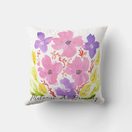 ピンクモダンの水彩フローラ装飾用クッションクッション クッション (裏面)