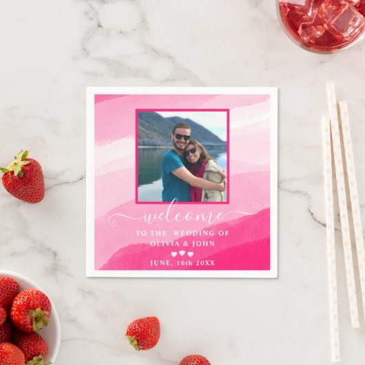 ピンクモダンの水彩写真結婚の スタンダードカクテルナプキン (インサイチュ)