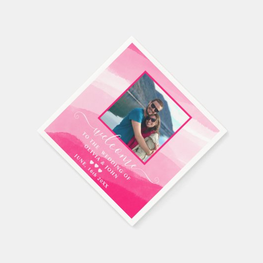 ピンクモダンの水彩写真結婚の スタンダードカクテルナプキン (角)