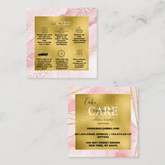 ピンクモダンの水彩及び金箔ケーキ気にー スクエア名刺 (正面/裏面)