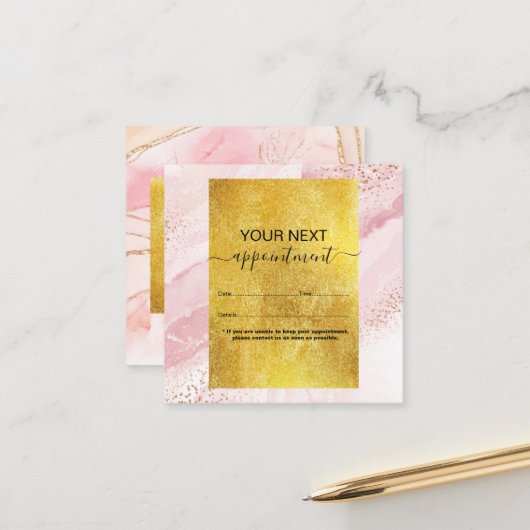 ピンクモダンの水彩及び金箔 予約カード (正面/裏面インサイチュ)