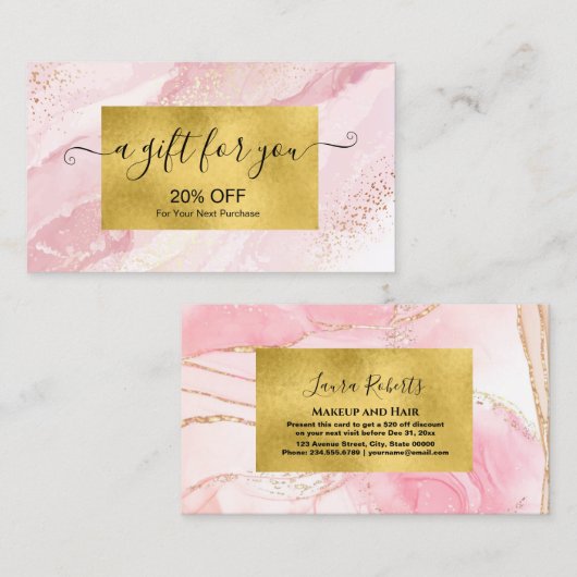 ピンクモダンの水彩及び金箔 割引カード (正面/裏面)