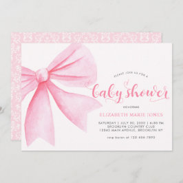 ピンクモダンの水彩弓リボン女の子ベビーシャワー 招待状
