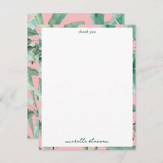 ピンクモダンの水彩熱帯バナナパーム葉 サンキューカード (正面/裏面)